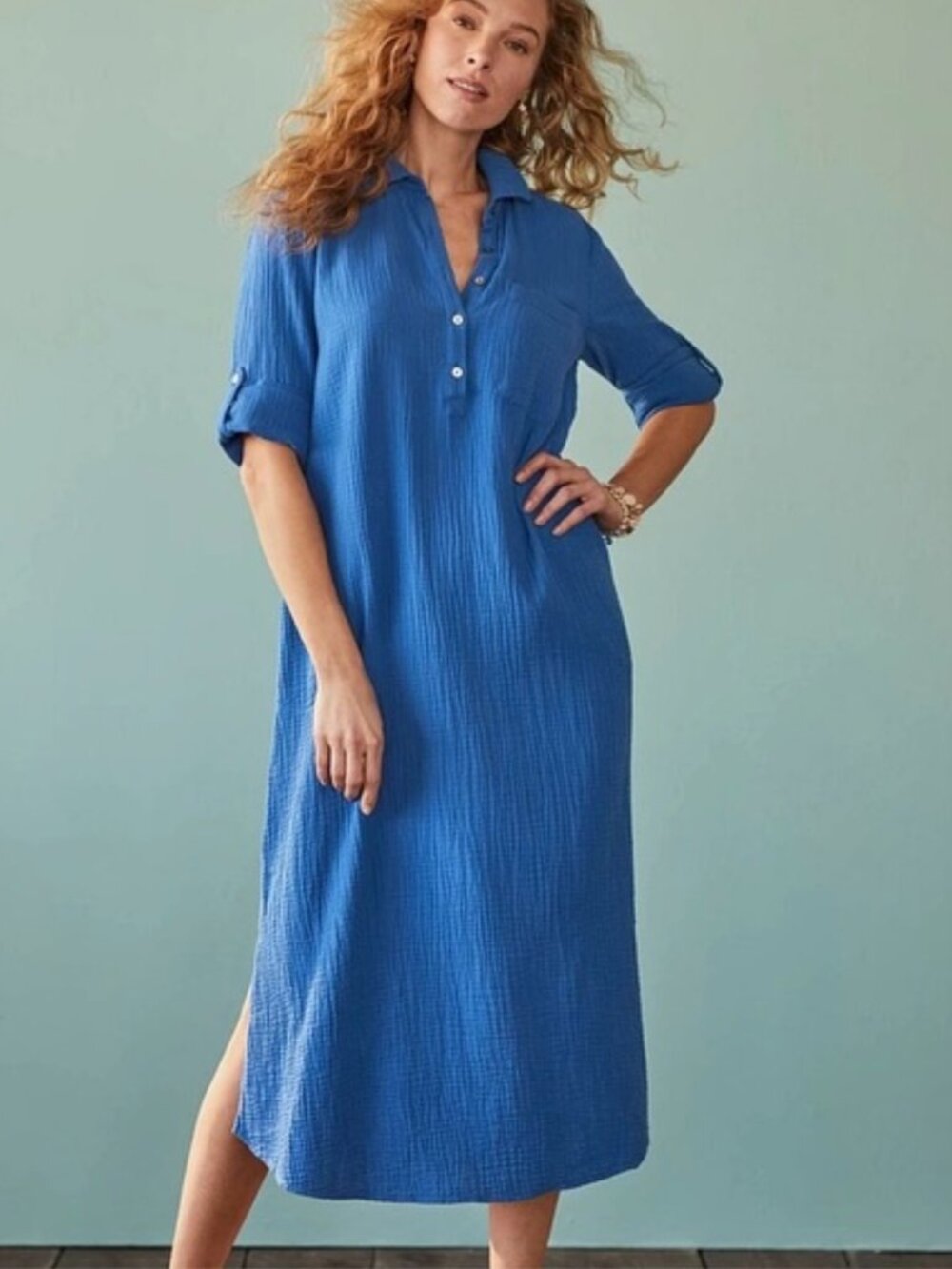 J Jill Cotton Gauze One Pocket Shirt Dress, Royal Blue